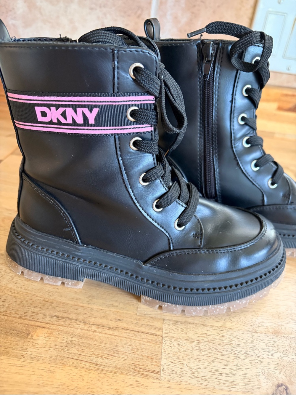 DKNY Black Combat Boots with Pink Logo Stripe